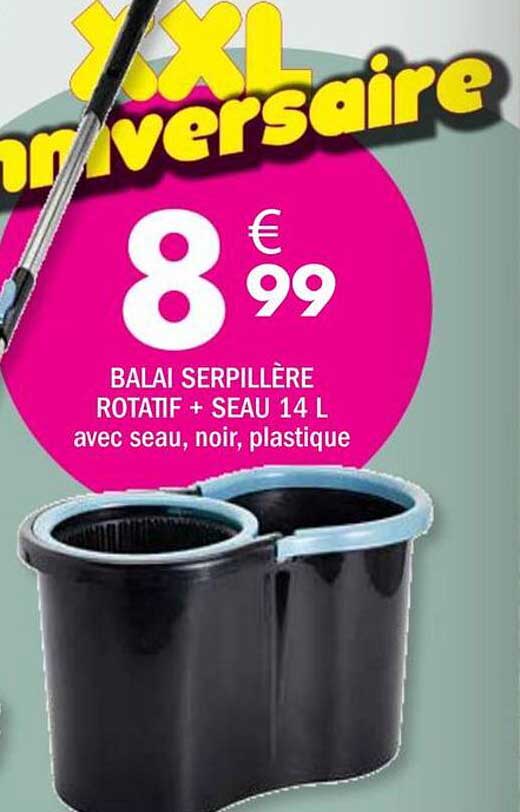 Balai serpillère rotatif + seau 14 L avec seau, noir, plastique