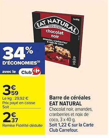 Barre de céréales EAT NATURAL Chocolat noir, amandes, cranberries et noix de coco, 3 x 40 g.