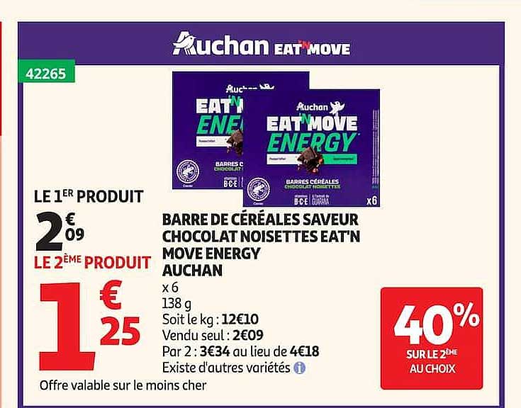 BARRE DE CÉRÉALES SAVEUR CHOCOLAT NOISETTES EAT'N MOVE ENERGY AUCHAN
