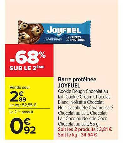 Barre protéinée JOYFUEL Cookie Dough Chocolat au lait, Cookie Cream Chocolat Blanc, Noisette Chocolat Noir, Cacahuète Caramel salé