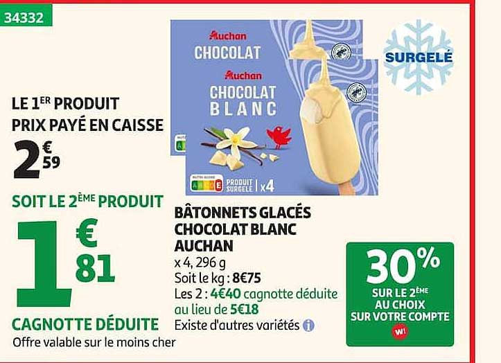 BÂTONNETS GLACÉS CHOCOLAT BLANC AUCHAN