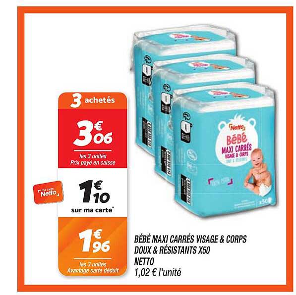 BÉBÉ MAXI CARRÉS VISAGE & CORPS DOUX & RÉSISTANTS X50 NETTO