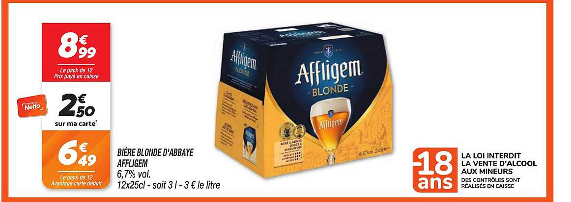 BIÈRE BLONDE D'ABBAYE AFFLIGEM 6,7% vol. 12x25cl - soit 3 l - 3 € le litre