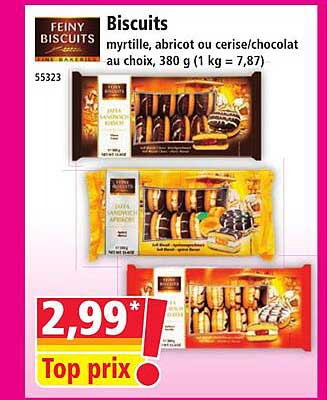 Biscuits myrtille, abricot ou cerise/chocolat au choix, 380 g (1 kg = 7,87)