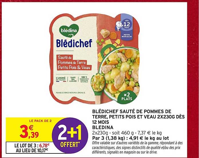 BLÉDICHEF SAUTÉ DE POMMES DE TERRE, PETITS POIS ET VEAU 2X230G DÈS 12 MOIS BLÉDINA