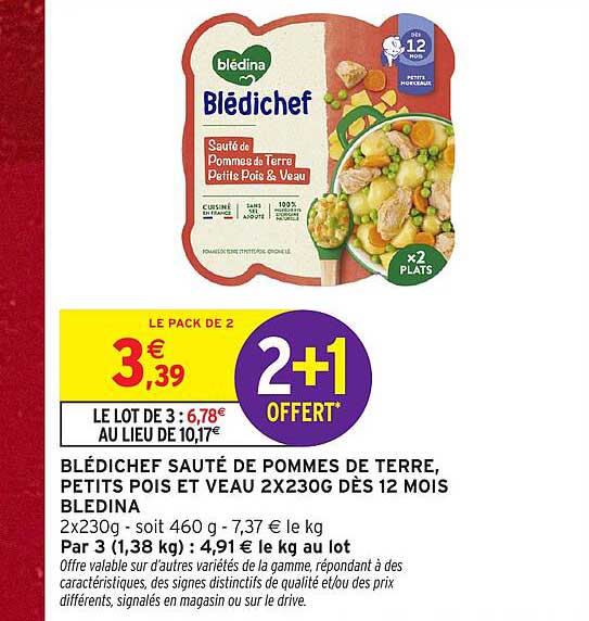 BLÉDICHEF SAUTÉ DE POMMES DE TERRE, PETITS POIS ET VEAU 2X230G DÈS 12 MOIS BLEDINA