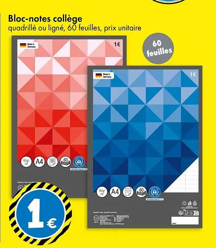 Bloc-notes collège quadrillé ou ligné, 60 feuilles, prix unitaire