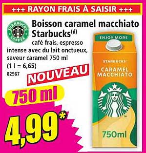 Boisson caramel macchiato Starbucks(d) café frais, espresso intense avec du lait onctueux, saveur caramel 750 ml