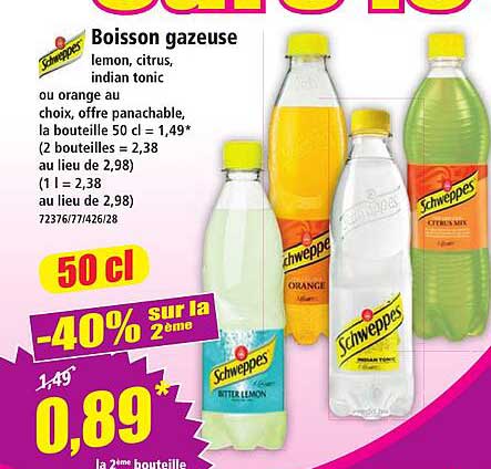 Boisson gazeuse lemon, citrus, indian tonic ou orange au choix, offre panachable, la bouteille 50 cl = 1,49* (2 bouteilles = 2,38 au lieu de 2,98) (1 l = 2,38 au lieu de 2,98)