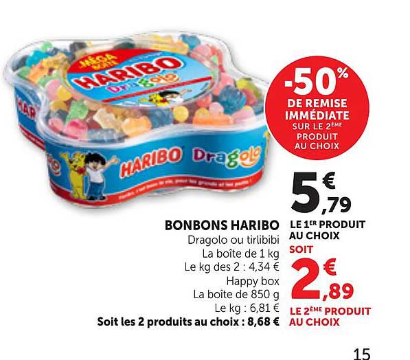 BONBONS HARIBO Dragolo ou tirlibibi La boîte de 1 kg Le kg des 2 : 4,34 € Happy box La boîte de 850 g Le kg : 6,81 €