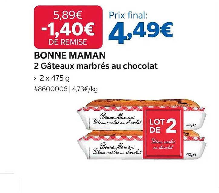 BONNE MAMAN 2 Gâteaux marbrés au chocolat