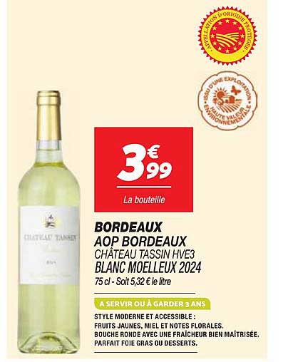 BORDEAUX AOP BORDEAUX CHÂTEAU TASSIN HVE3 BLANC MOELLEUX 2024