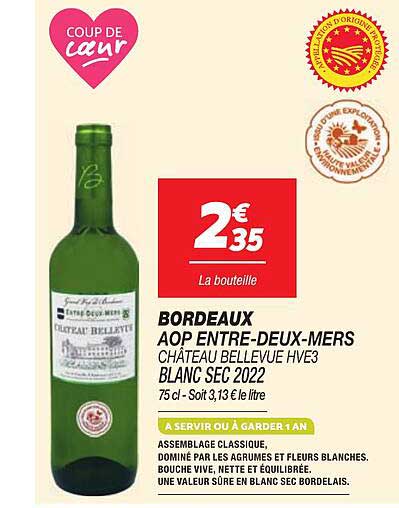 BORDEAUX AOP ENTRE-DEUX-MERS CHÂTEAU BELLEVUE HVE3 BLANC SEC 2022