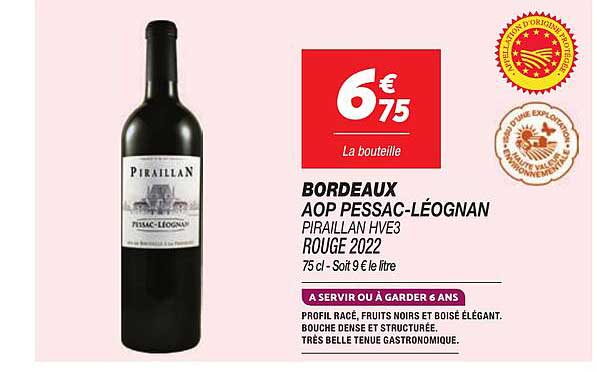 BORDEAUX AOP PESSAC-LÉOGNAN PIRAILLAN HVE3 ROUGE 2022