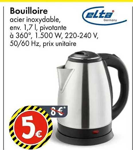 Bouilloire acier inoxydable, env. 1,7 l, pivotante à 360°, 1.500 W, 220-240 V, 50/60 Hz, prix unitaire