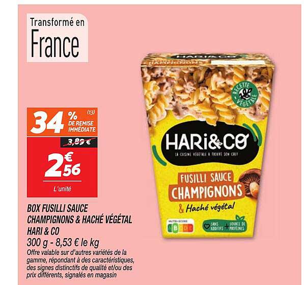BOX FUSILLI SAUCE CHAMPIGNONS & HACHÉ VÉGÉTAL HARI & CO