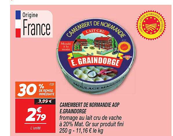 CAMEMBERT DE NORMANDIE AOP E.GRAINDORGE fromage au lait cru de vache à 20% Mat. Gr sur produit fini 250 g - 11,16 € le kg