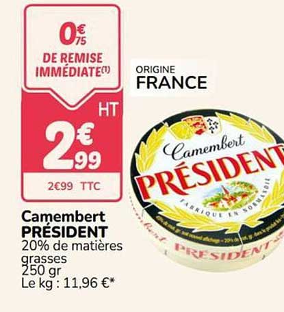 Camembert PRÉSIDENT 20% de matières grasses 250 gr Le kg : 11,96 €*