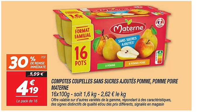 COMPOTES COUPELLES SANS SUCRES AJOUTÉS POMME, POMME POIRE MATERNE
