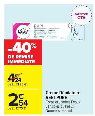 Crème Dépilatoire VEET PURE Corps et Jambes Peaux Sensibles ou Peaux Normales, 200 ml.