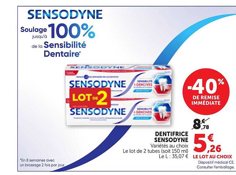 DENTIFRICE SENSODYNE Variétés au choix Le lot de 2 tubes (soit 150 ml)