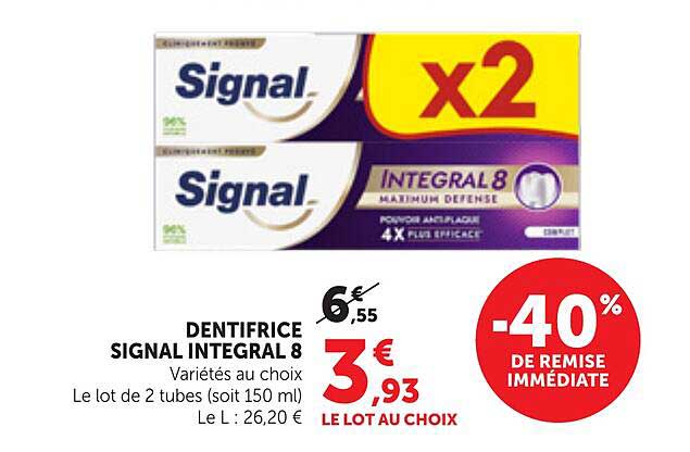 DENTIFRICE SIGNAL INTEGRAL 8 Variétés au choix Le lot de 2 tubes (soit 150 ml)