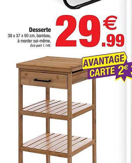 Desserte 38 x 37 x 90 cm, bambou, à monter soi-même. Éco-part 1,14€.