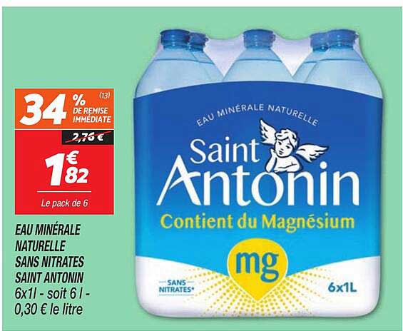 EAU MINÉRALE NATURELLE SANS NITRATES SAINT ANTOIN 6x1l - soit 6 l - 0,30 € le litre