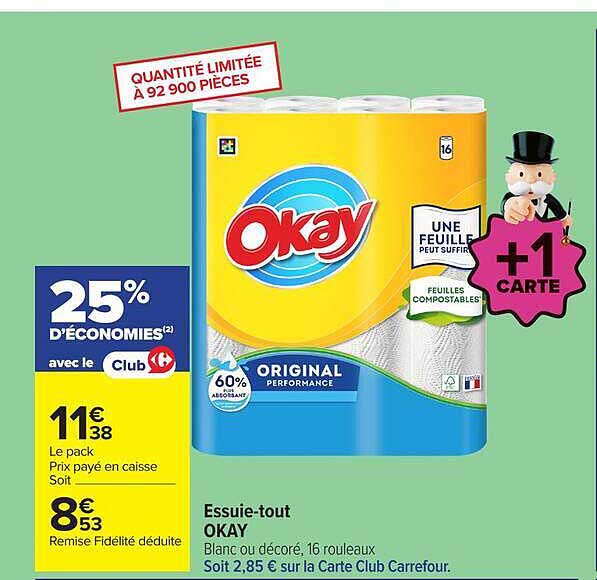 Essuie-tout OKAY Blanc ou décoré, 16 rouleaux
