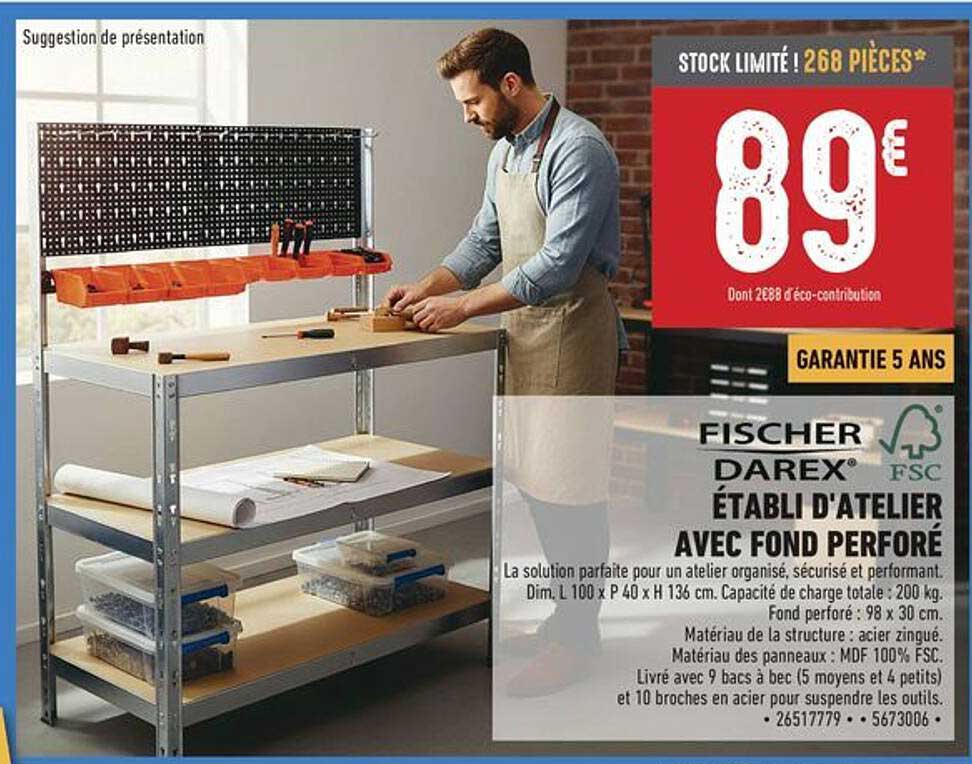 FISCHER DAREX ÉTABLI D'ATELIER AVEC FOND PERFORÉ