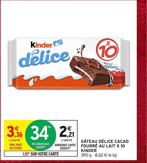 GÂTEAU DÉLICE CACAO FOURRÉ AU LAIT X 10 KINDER