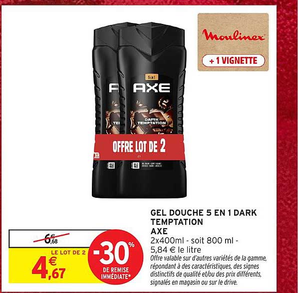 GEL DOUCHE 5 EN 1 DARK TEMPTATION AXE 2x400ml - soit 800 ml - 5,84 € le litre