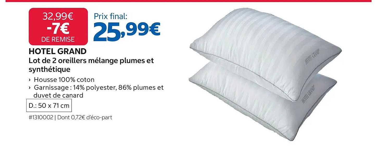 HOTEL GRAND
Lot de 2 oreillers mélange plumes et synthétique