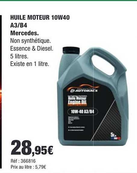 HUILE MOTEUR 10W40 A3/B4 Mercedes. Non synthétique. Essence & Diesel. 5 litres. Existe en 1 litre.