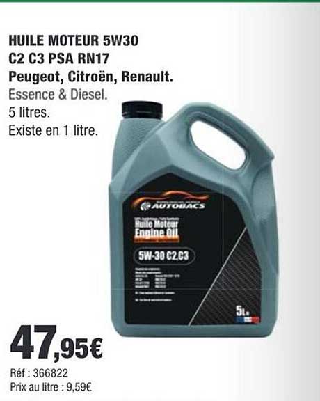HUILE MOTEUR 5W30 C2 C3 PSA RN17 Peugeot, Citroën, Renault. Essence & Diesel. 5 litres. Existe en 1 litre.