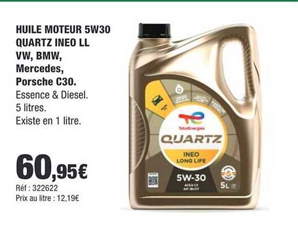 HUILE MOTEUR 5W30 QUARTZ INEO LL VW, BMW, Mercedes, Porsche C30.