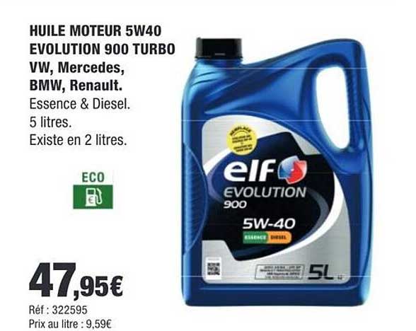 HUILE MOTEUR 5W40 EVOLUTION 900 TURBO VW, Mercedes, BMW, Renault. Essence & Diesel. 5 litres. Existe en 2 litres.
