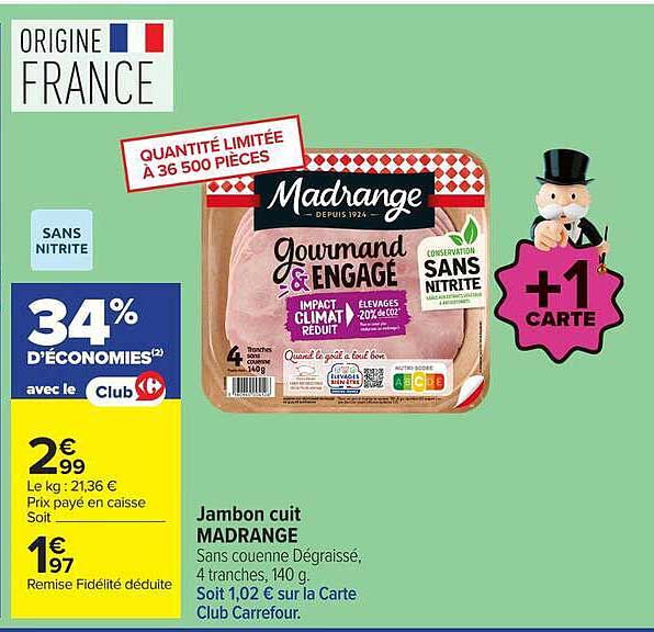 Jambon cuit MADRANGE Sans couenne Dégraissé, 4 tranches, 140 g.