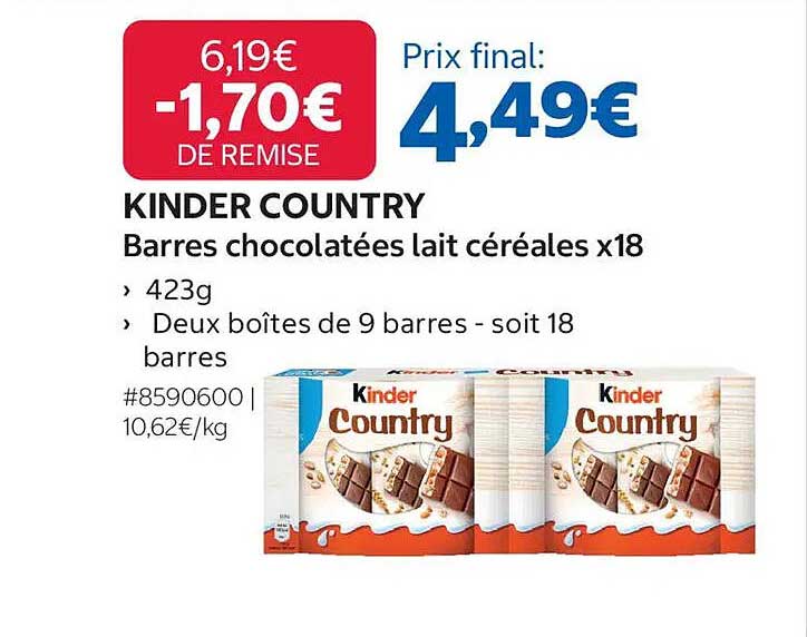 KINDER COUNTRY Barres chocolatées lait céréales x18