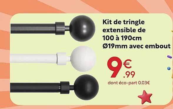 Kit de tringle extensible de 100 à 190cm Ø19mm avec embout