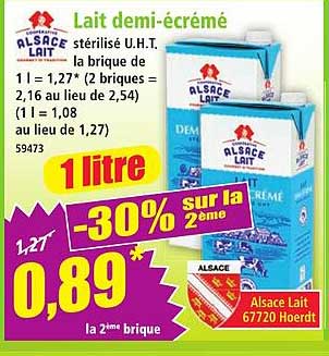 Lait demi-écrémé stérilisé U.H.T. la brique de 1 litre -30% sur la 2ème