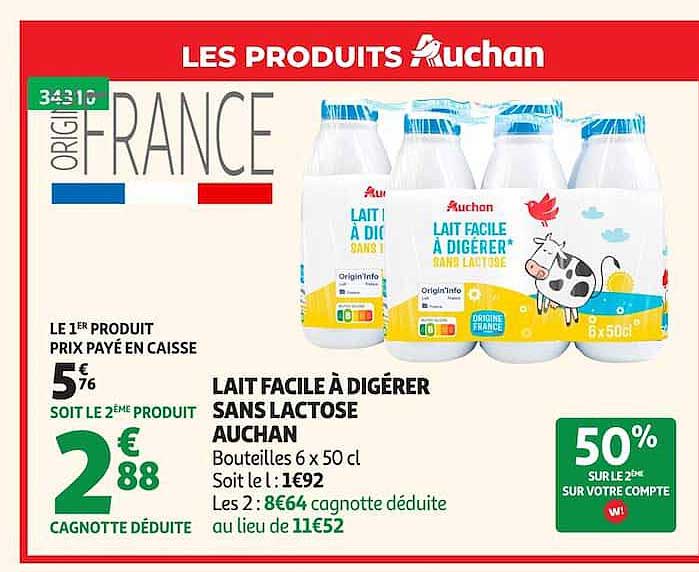 LAIT FACILE À DIGÉRER SANS LACTOSE AUCHAN