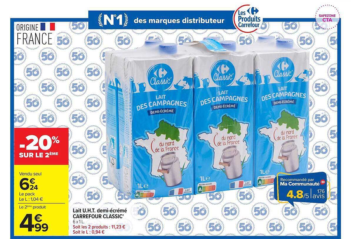 Lait U.H.T. demi-écrémé CARREFOUR CLASSIC'