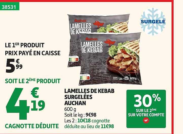 LAMELLES DE KEBAB SURGELÉES AUCHAN 600 g
