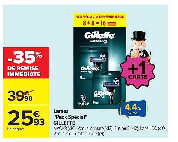 Lames "Pack Spécial" GILLETTE MACH3 (x16), Venus Intimate (x12), Fusion 5 (x12), Labs LDC (x10), Venus Pro Comfort Glide (x9)