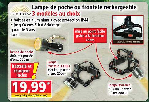 Lampe de poche ou frontale rechargeable I-GLOW 3 modèles au choix