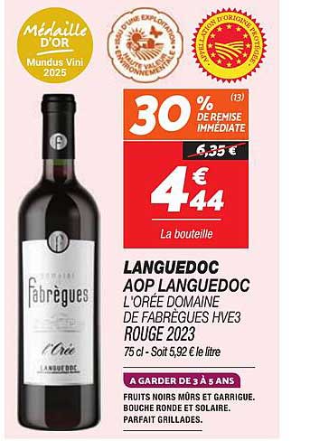 Languedoc AOP Languedoc l’Orée Domaine de Fabrègues HVE3 Rouge 2023