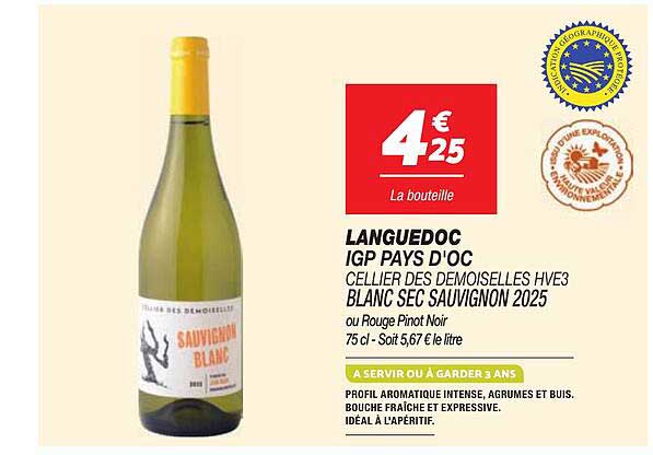 LANGUEDOC IGP PAYS D'OC CELLIER DES DEMOISELLES HVE3 BLANC SEC SAUVIGNON 2025