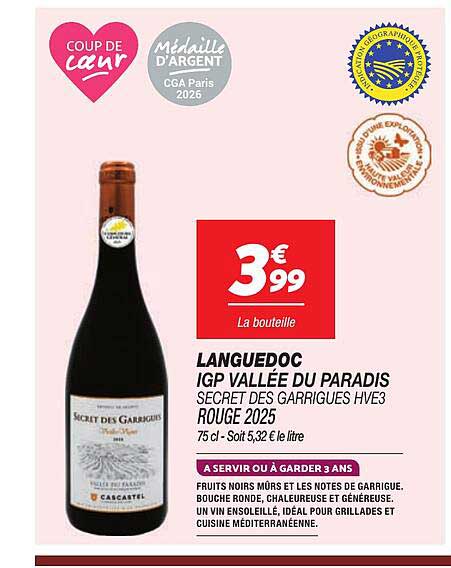 LANGUEDOC IGP VALLÉE DU PARADIS SECRET DES GARRIGUES HVE3 ROUGE 2025