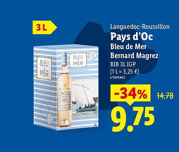Languedoc-Roussillon Pays d’Oc Bleu de Mer Bernard Magrez BIB 3L IGP (1 L = 3,25 €)